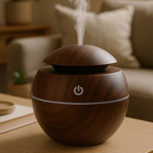 Ultrasonic Air Humidifier | 130ML USB Aroma Diffuser Dark Brown Wood Grain LED Night Light | Aromatherapy