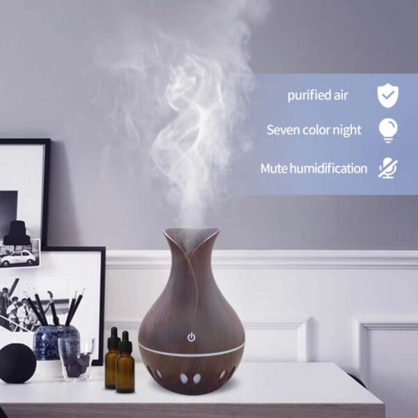 Aroma Air Humidifier | USB Ultrasonic 130ML Diffuser Dark Brown Wood Grain LED Night Light | Aromatherapy - Image 2