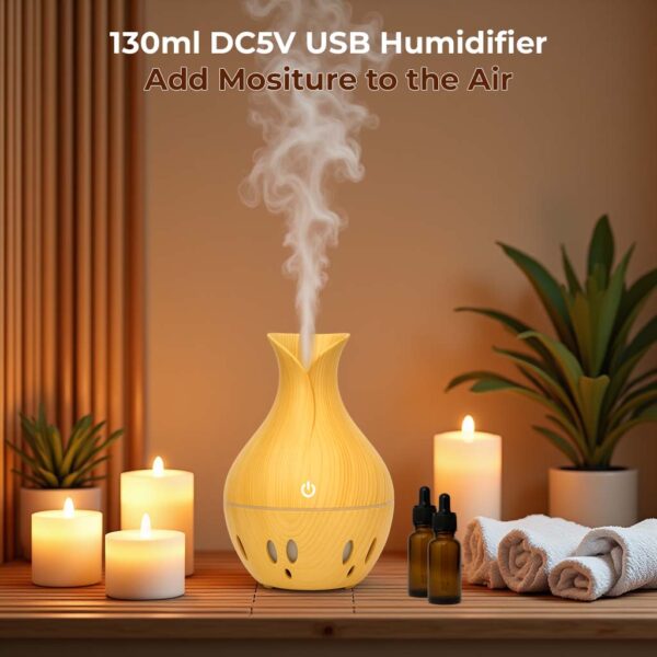 Aroma Air Humidifier | USB Ultrasonic 130ML Diffuser Light Brown Wood Grain LED Night Light | Aromatherapy - Image 2