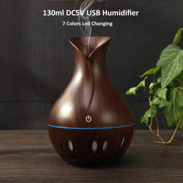 Aroma Air Humidifier | USB Ultrasonic 130ML Diffuser Dark Brown Wood Grain LED Night Light | Aromatherapy - Image 5