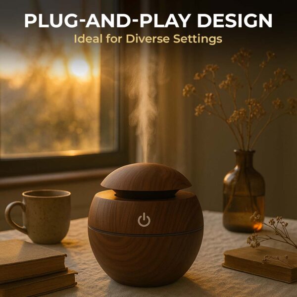 Ultrasonic Air Humidifier | 130ML USB Aroma Diffuser Dark Brown Wood Grain LED Night Light | Aromatherapy - Image 3