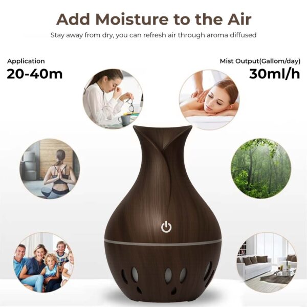 Aroma Air Humidifier | USB Ultrasonic 130ML Diffuser Dark Brown Wood Grain LED Night Light | Aromatherapy - Image 4