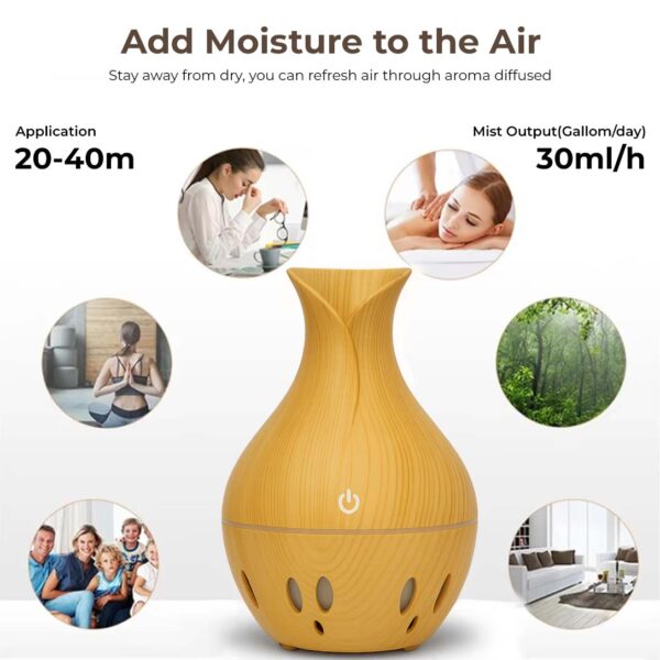 Aroma Air Humidifier | USB Ultrasonic 130ML Diffuser Light Brown Wood Grain LED Night Light | Aromatherapy - Image 3