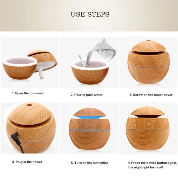 Ultrasonic Air Humidifier | 130ML USB Aroma Diffuser Light Brown Wood Grain LED Night Light | Aromatherapy - Image 2